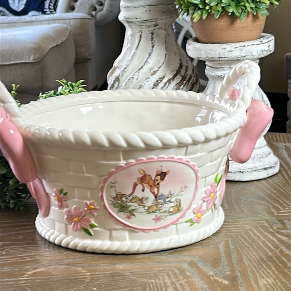 Walt Disney Bambi Thumper Bunny Rabbit Ceramic Weaved Easter Basket Pink Bows - Picture 2 of 10